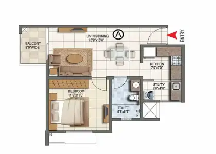 Nikoo Homes 9 Apartment 1 BHK floor plan by Bhartiya Group located at KIADB, Bagalur, Bangalore Karnataka
